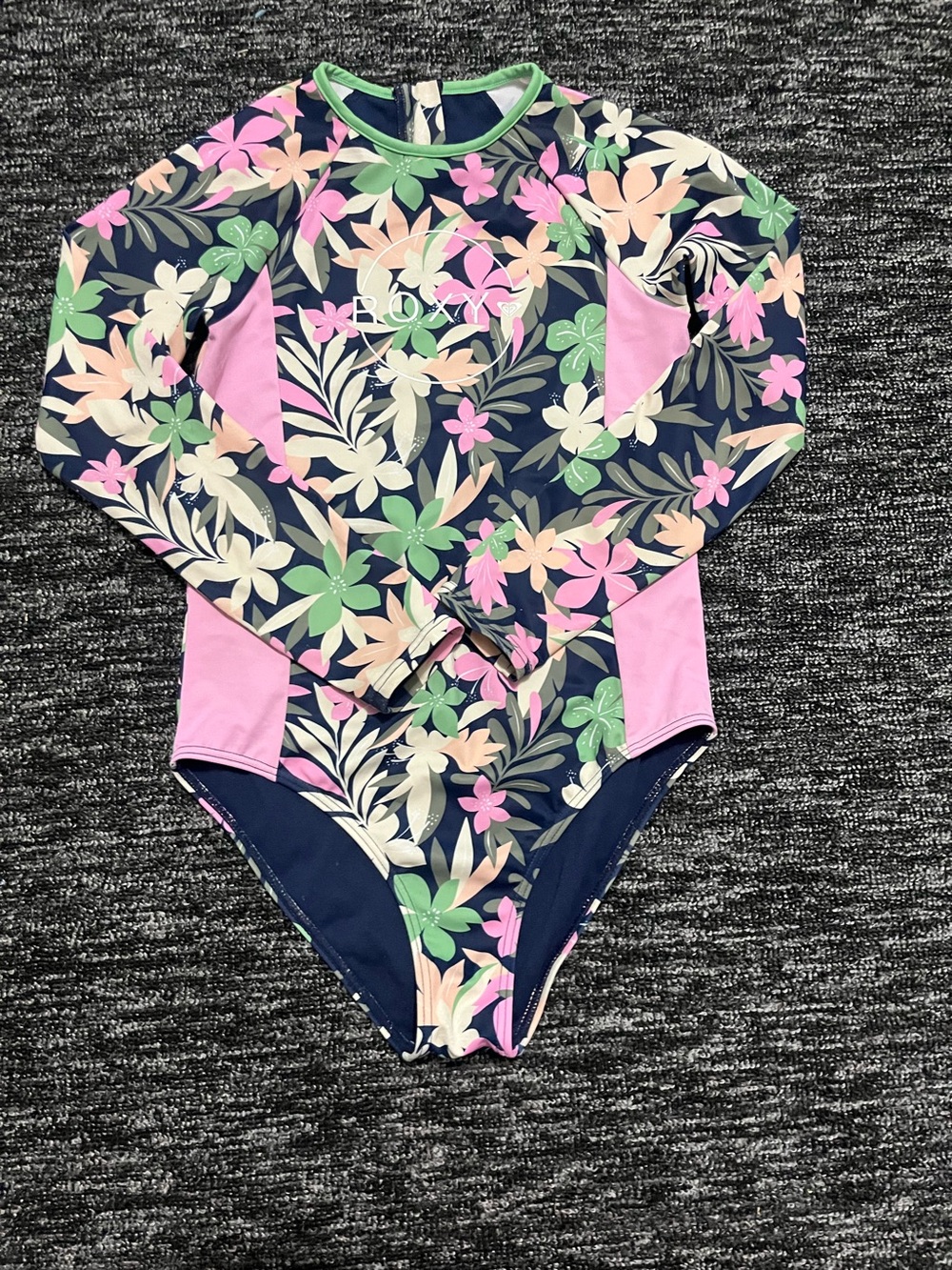 Roxy Girls 12 — 1 Pc Ilacabo Black Pink Green Long Sleeve Rash Guard Swimsuit